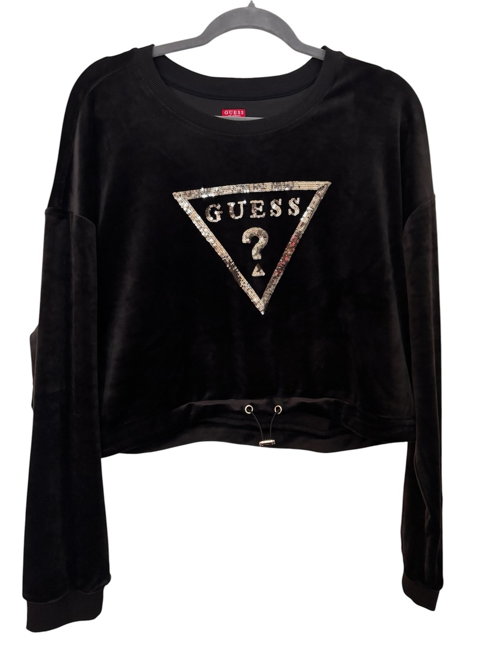 GUESS Black Velvet Sequin Logo Cropped Sweatshirt NWOT